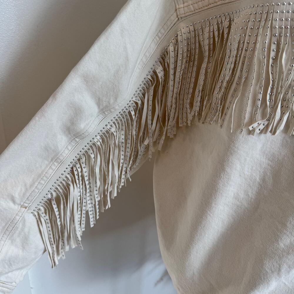 ZARA Cream White Western Fringe Studded Denim Jacket NWT Size Small - Picture 9 of 14